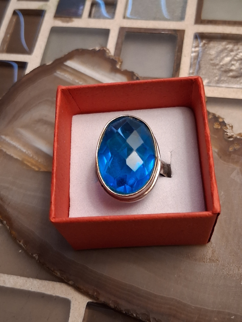 Faceted Blue Oval Crystal Ring in Silver Setting